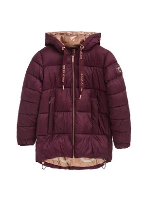 Bordowa kurtka puchowa z kapturem, z błyszczącą podszewką, zamkiem z przodu i sznurkami ozdobnymi. Posiada pikowaną teksturę i boczne kieszenie.