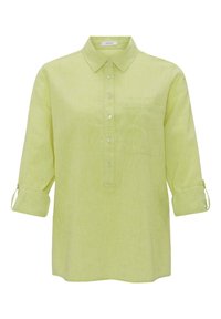 Lime green linen shirt with a button-down collar, front pocket, and roll-up sleeves. Features a subtle texture and light sheen.