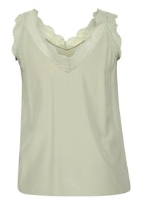 Light green blouse with a V-neck, featuring lace trim along the neckline and shoulders, made from smooth fabric with a subtle stripe pattern.