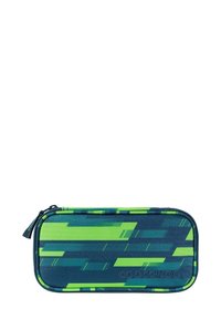 Grünes und marineblaues Federmäppchen mit geometrischem Muster, Reißverschluss und strapazierfähigem Stoff. Rechteckige Form, weiche Textur, leichtes Design.