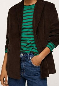 Osoba oblečená v hnědem kordovém blejzru přes zeleno-hnědý pruhovaný košile s modrými džínami, ruka zasunutá v kapse.