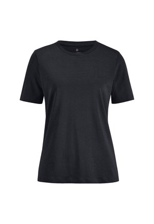 Schwarzes kurzärmliges Baumwoll-T-Shirt mit Rundhalsausschnitt, Standardpassform und einfarbigem Design vor weißem Hintergrund.