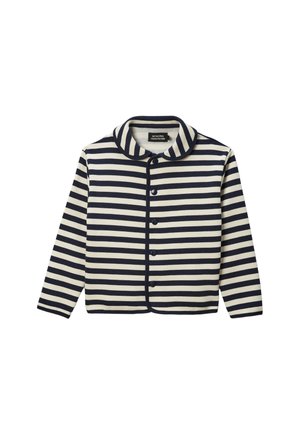 Cardigan rayé bleu marine et crème avec un col rond, des boutons sur le devant et des manches longues. Textile doux avec une texture lisse.