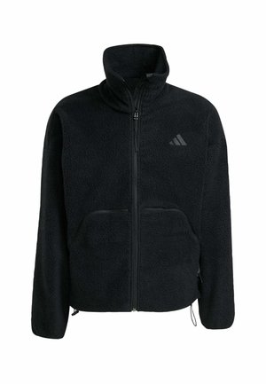 Schwarze Fleecejacke mit hohem Kragen, zwei Fronttaschen und einem Reißverschluss vorne. Hat ein kleines Logo auf der oberen linken Seite.