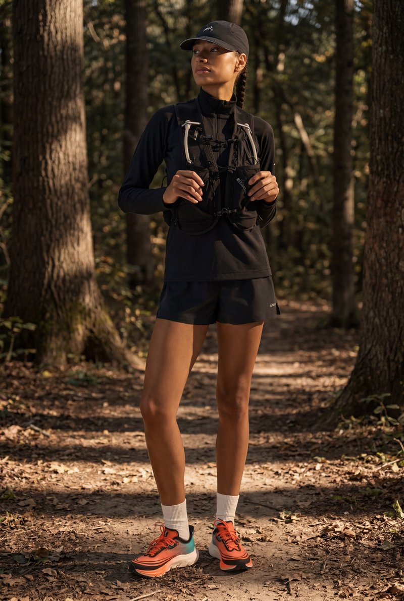 Fekete sportfelszerelést és sapkát viselő nő hidratációs mellényt igazít, egy erdei ösvényen áll, ősszel lehullott levelekkel a talajon.