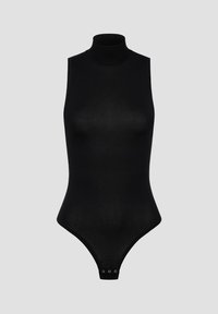 Zwarte mouwloze bodysuit met een hoge halslijn, gemaakt van een gladde, elastische stof; heeft een stringonderkant en drie drukkers aan de basis.