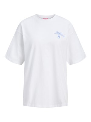 Valge üle suurusega lühikeste varrukatega T-särk, millel vasakul rinnal väike sinine tekst "Rosemanner HOTEL PARAIS" ja roosi graafika.