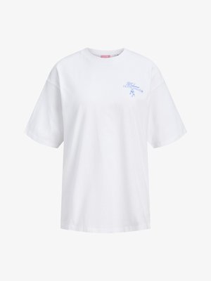 Valge üle suurusega lühikeste varrukatega T-särk, millel vasakul rinnal väike sinine tekst "Rosemanner HOTEL PARAIS" ja roosi graafika.