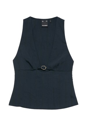Haut noir sans manches avec un col en V profond et un petit détail de boucle argentée à la taille, fabriqué en tissu texturé.