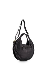 Schwarze Lederhandtasche in runder Form, mit einer Reißverschlusstasche auf der Vorderseite und verstellbaren Riemen. Glatte Textur mit minimaler Hardware.
