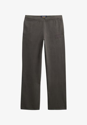 Pantaloni da tuta grigio scuro con cintura elastica, design a gamba dritta e testo ricamato "Superdry Athletics" in blu marina sulla coscia.