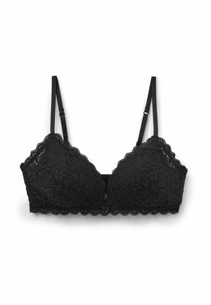 Brassière en dentelle noire avec des bords festonnés, des bretelles ajustables et des motifs floraux détaillés. Texture douce avec une forme triangulaire.