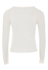 Maglia bianca a maniche lunghe con costine, caratterizzata da un collo rotondo, una silhouette aderente e una texture liscia e elastica. La vista posteriore mette in mostra dettagli delle cuciture.