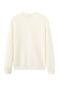 Maglione crema chiaro, trama a coste, scollo rotondo, maniche lunghe e orlo dritto. Tessuto morbido senza motivi o accenti visibili.