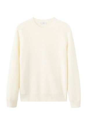 Jersey crema claro, textura acanalada, cuello redondo, mangas largas y dobladillo recto. Tejido suave sin patrones ni detalles visibles.