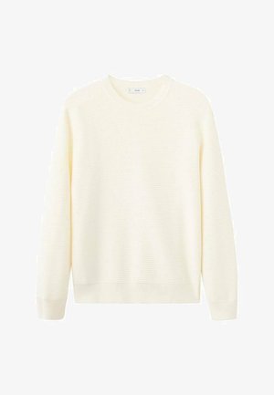 Jersey crema claro, textura acanalada, cuello redondo, mangas largas y dobladillo recto. Tejido suave sin patrones ni detalles visibles.