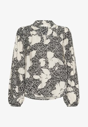 Blouse made of lightweight fabric featuring a black and white floral pattern, a v-neckline, and long puffed sleeves with elastic cuffs.