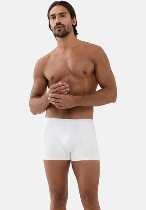 Hemdloser Mann mit mittlerem Hautton und dunklen Haaren, der weiße Boxershorts trägt, steht vor einem schlichten hellen Hintergrund.