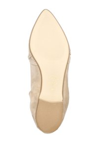 Beige Wildlederpumps mit spitzem Zeh, glatter Textur und flacher Sohle. Auffällige goldene Markenkennzeichnung auf der Innensohle.