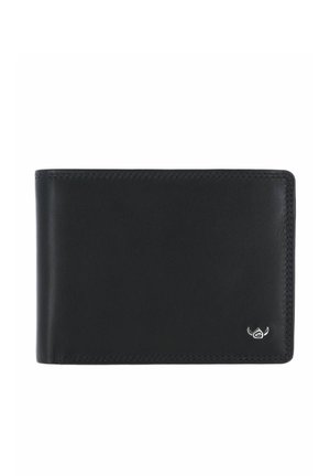 Black leather bifold wallet with neat stitching and a small silver emblem on the bottom right corner.