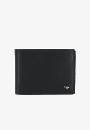 Portefeuille noir en cuir bifold avec une couture soignée et un petit emblème argenté dans le coin inférieur droit.