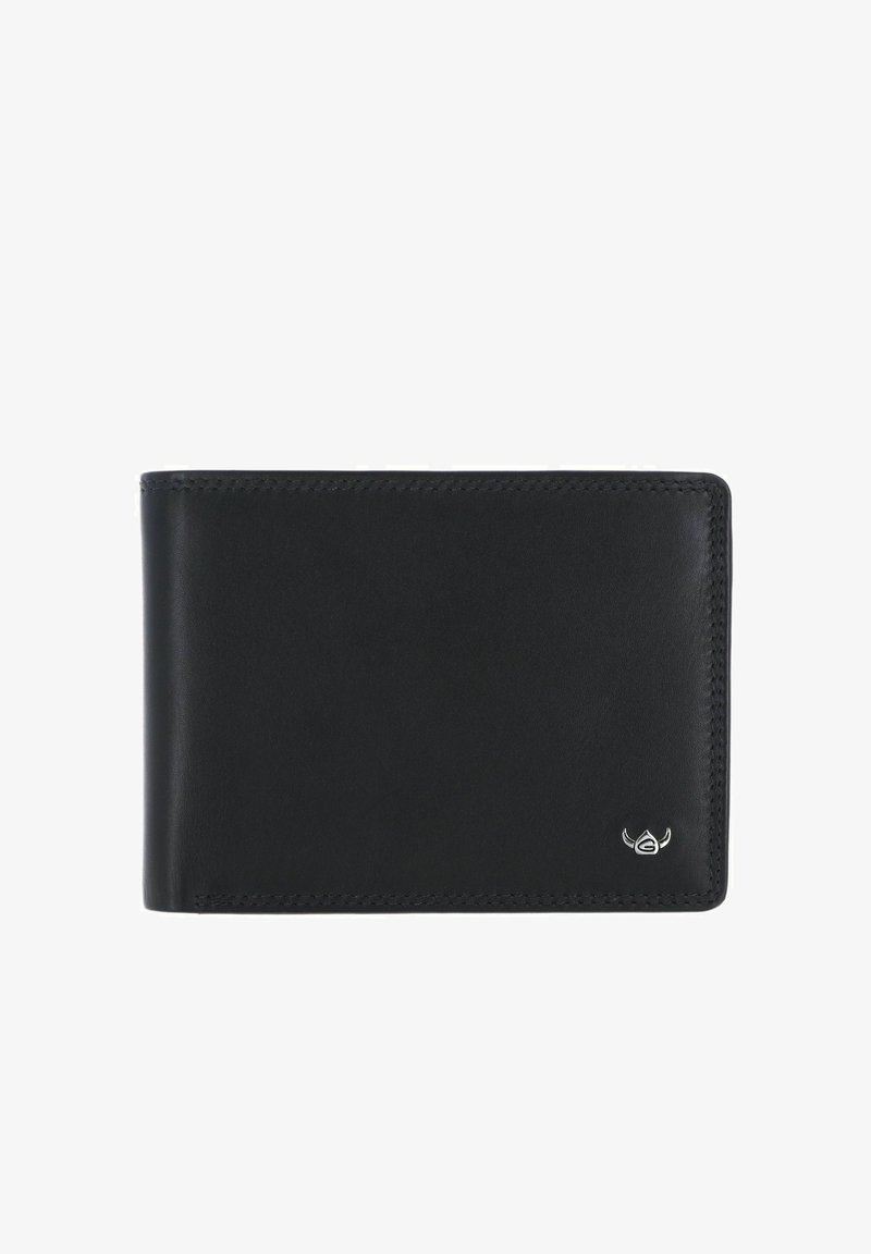 Portefeuille noir en cuir bifold avec une couture soignée et un petit emblème argenté dans le coin inférieur droit.