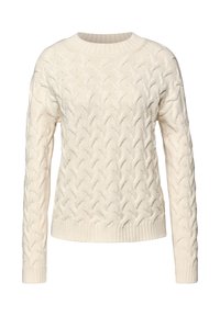 Sweter w splot warkoczowy w kolorze ecru, z okrągłym dekoltem, długimi rękawami oraz ściągaczami przy mankietach i dole. Miękka tekstura z wypukłym wzorem.