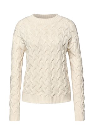 Pull en maille torsadée de couleur écru, avec un col rond, des manches longues, et des poignets et un ourlet côtelés. Texture douce avec un motif en relief.