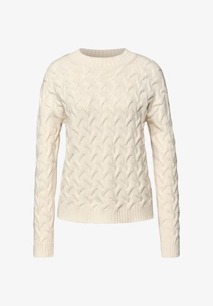Sweter w splot warkoczowy w kolorze ecru, z okrągłym dekoltem, długimi rękawami oraz ściągaczami przy mankietach i dole. Miękka tekstura z wypukłym wzorem.