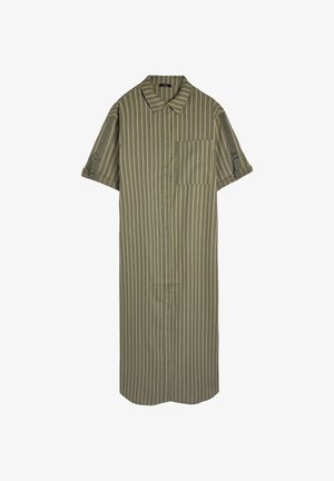 Zielona oliwkowa koszula z krótkimi rękawami, pionowymi paskami, listwą guzikową, jedną kieszenią na piersi i zwiniętymi rękawami.