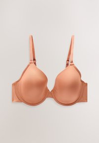 Reggiseno imbottito marrone chiaro con tessuto liscio, spalline regolabili e chiusura posteriore con tre ganci. Forma sagomata per supporto.