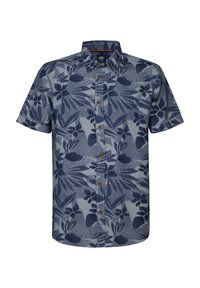 Camisa de manga corta hecha de tela con un patrón floral en azul y azul claro. Cuenta con un cierre de botones en la parte frontal y un collar estructurado.