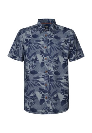 Short-sleeve shirt made of fabric with a blue and light blue floral pattern. Features a button front and a structured collar.