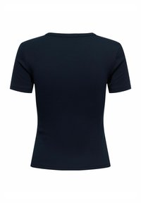 Κοντομάνικο μπλουζάκι σε ναυτικό μπλε χρώμα με ριμπ υφή και στρογγυλή λαιμόκοψη, με εφαρμοστή σιλουέτα και χωρίς εμφανή διακοσμητικά ή σχέδια.