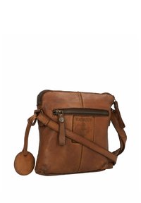 Borsa a tracolla in pelle marrone con forma rettangolare, chiusura con zip, tracolla regolabile e logo dell'ancora in rilievo sulla parte anteriore.