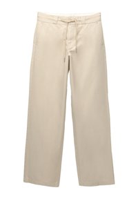 Pantalons larges beiges avec une taille à cordon, des poches latérales et une texture tissée lisse. Design épuré avec des jambes droites et décontractées.