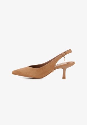 Zapato de salón marrón de ante con tira trasera, punta puntiaguda y tacón bajo de tipo kitten, con una pequeña correa con hebilla en el tobillo.