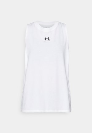 Biele tielko bez rukávov vyrobené z bavlny, s okrúhlym výstrihom a malým čiernym logom Under Armour na hrudi.