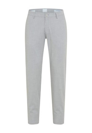 Pantaloni da uomo grigio chiaro, slim fit, con passanti per cintura, chiusura frontale con bottone e cerniera, realizzati in tessuto liscio.