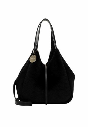 Black handbag with a soft, plush texture, leather handles, and a sleek design. Features a silver tag accent and a detachable strap.