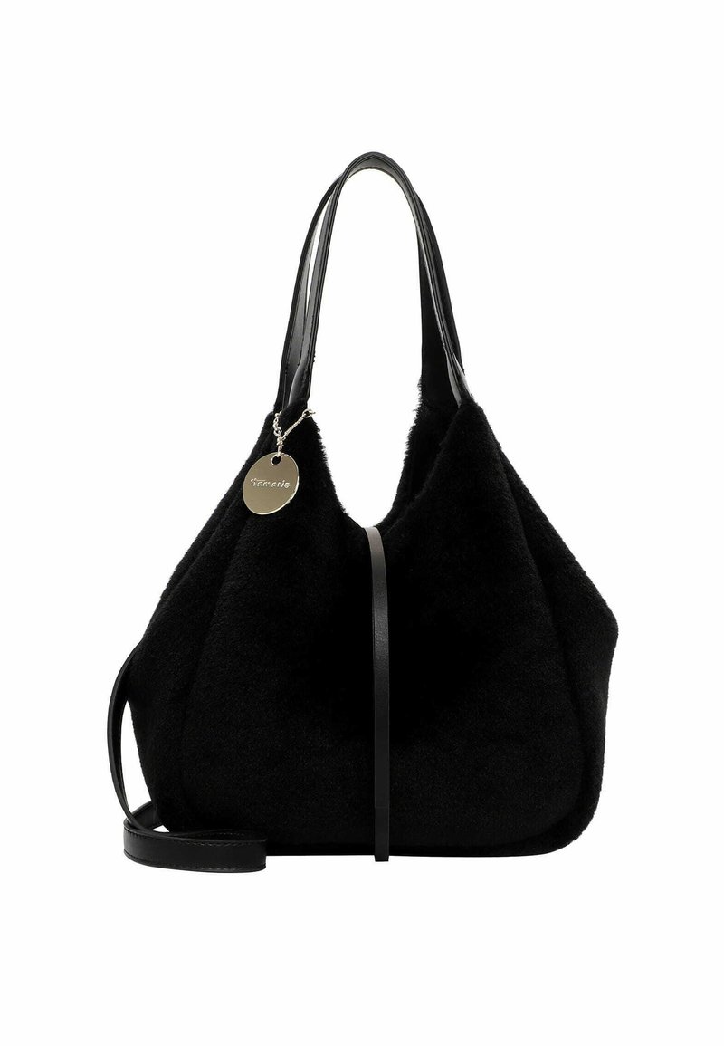 Black handbag with a soft, plush texture, leather handles, and a sleek design. Features a silver tag accent and a detachable strap.