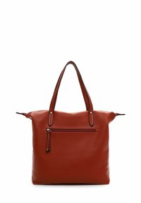 Leather tote bag in dark orange with textured finish, dual handles, and a front zipper pocket. Accented with black trim.