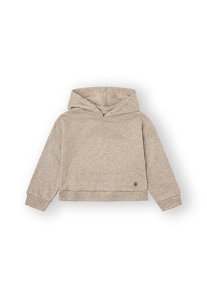Sudadera con capucha beige hecha de una tela suave y texturizada. Presenta un diseño corto, cordones en la capucha y un pequeño logo en el frente.