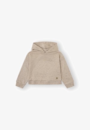 Sudadera con capucha beige hecha de una tela suave y texturizada. Presenta un diseño corto, cordones en la capucha y un pequeño logo en el frente.