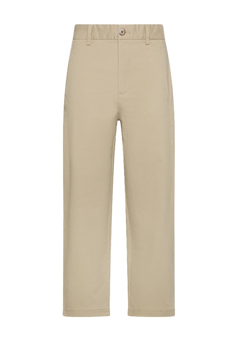 Pantaloni beige con un design a gamba dritta, realizzati in tessuto, con chiusura anteriore a bottone e tasche laterali discreti. Texture liscia.
