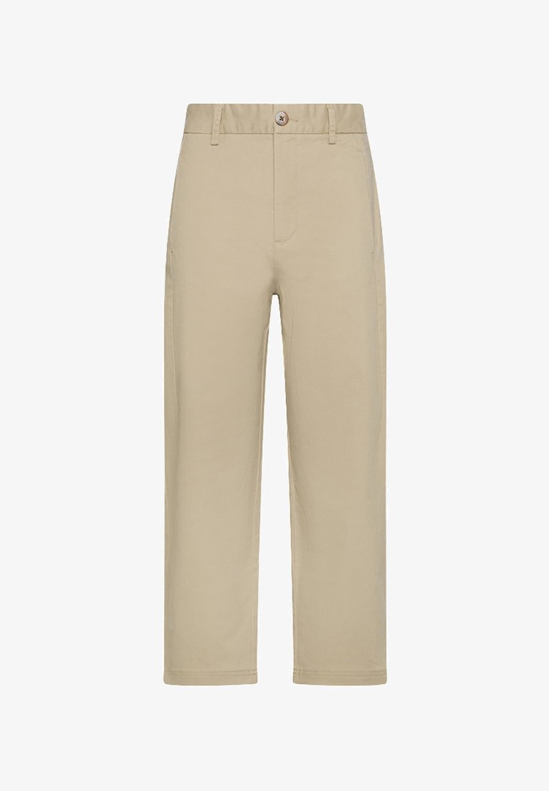 Pantaloni beige con un design a gamba dritta, realizzati in tessuto, con chiusura anteriore a bottone e tasche laterali discreti. Texture liscia.