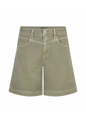 High-waisted olijfgroene denim shorts met voorzakken, riemlussen en metalen knoopsluiting.