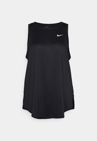 Schwarzes Nike Tanktop mit rundem Ausschnitt, ärmellosem Design, seitlichen Schlitzern und kleinem weißen Logo auf der oberen linken Brust. Weicher Stoff.