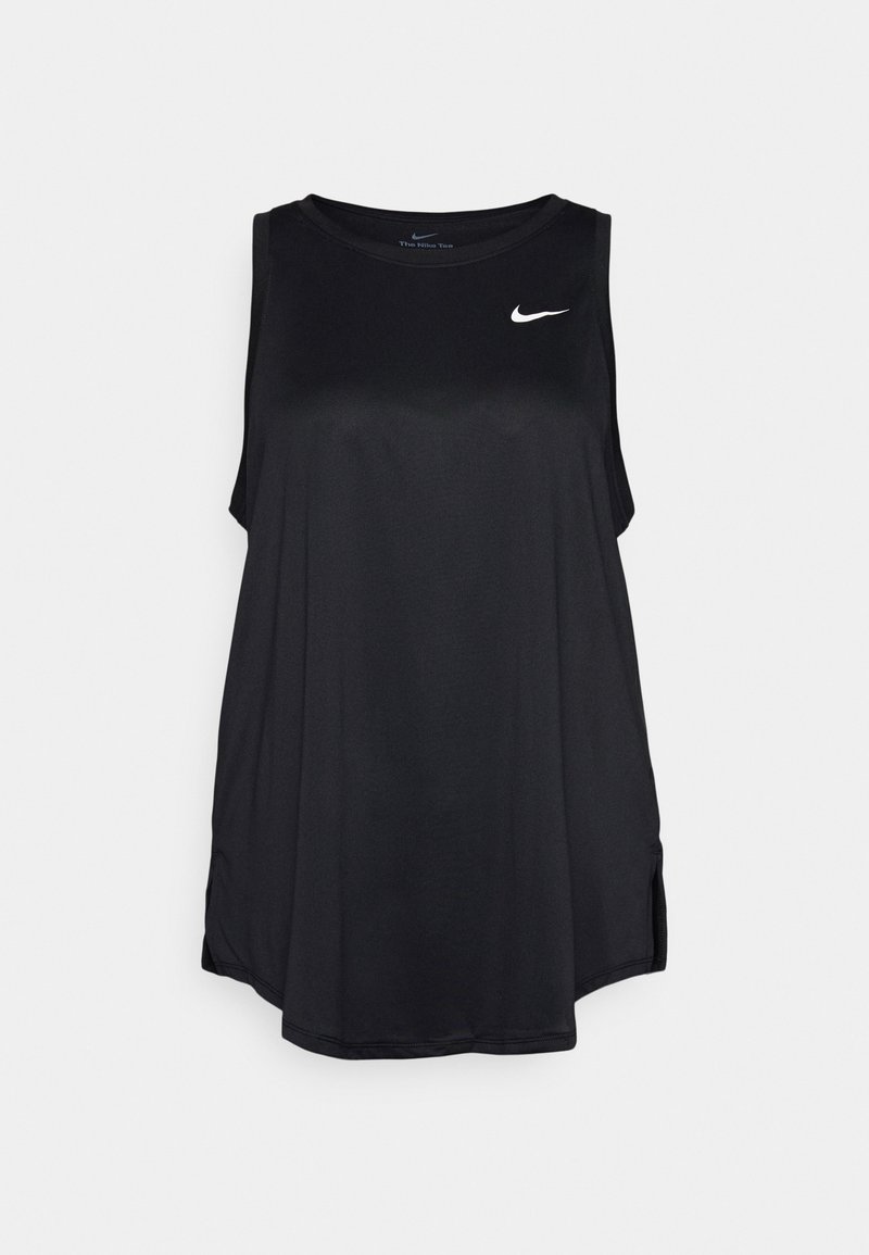 Schwarzes Nike Tanktop mit rundem Ausschnitt, ärmellosem Design, seitlichen Schlitzern und kleinem weißen Logo auf der oberen linken Brust. Weicher Stoff.