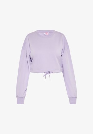 Lyse lilla cropped sweatshirt med lange ærmer, rund hals og snøre i kanten, med ribbet kant.